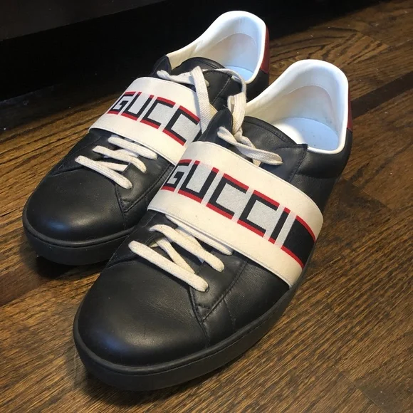 Gucci | Shoes | Gucci Ace Stripe Leather Black Blackred  display picture 1